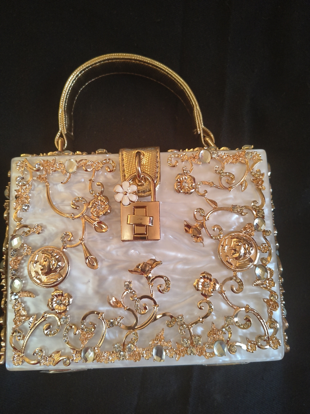 Elegant White Pearl Box Handbag with Gold Embellishment